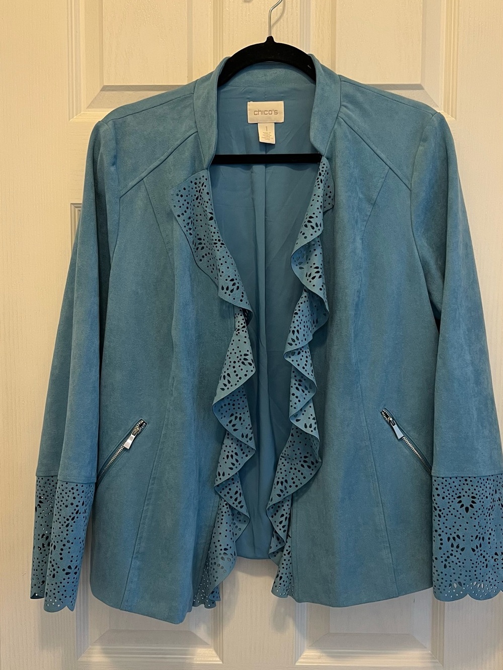 Chico's Teal Ruffle Suede Jacket with Laser-Cut Detail
